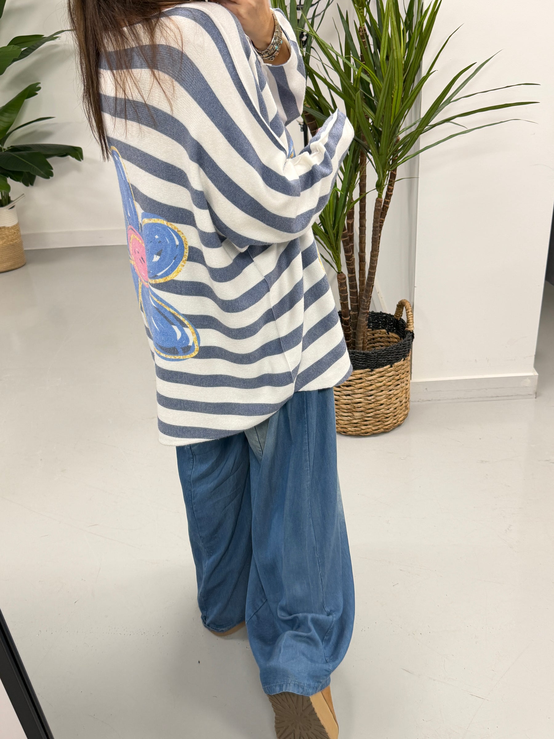 The Daisy/Stripe Soft Knit - Denim Blue