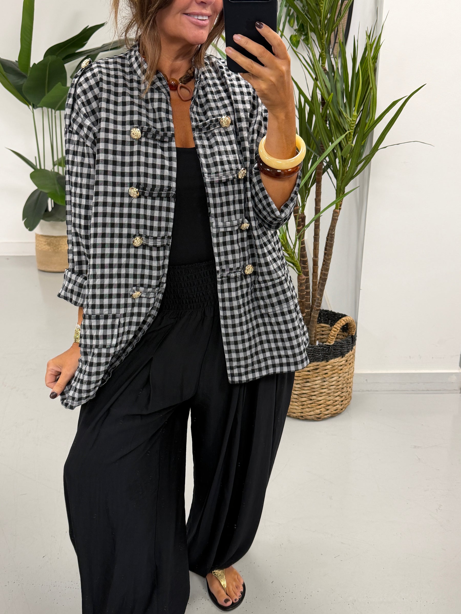 Gingham Military Jacket - Black