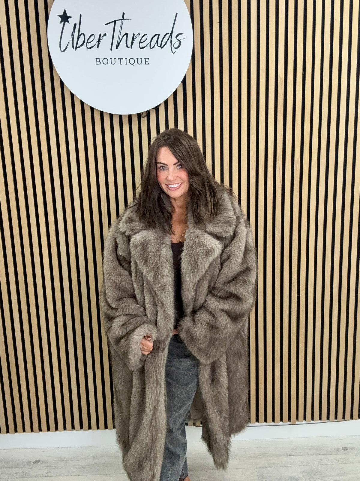 The Knightsbridge Longline Faux Fur Coat-Taupe