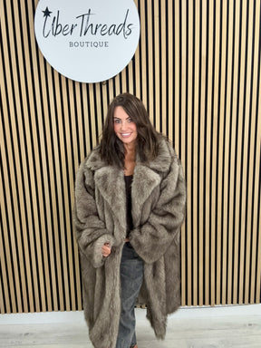 The Knightsbridge Longline Faux Fur Coat-Taupe