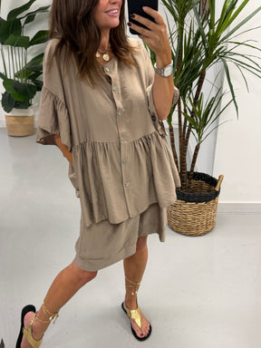 Peplum Button Short Set - Taupe