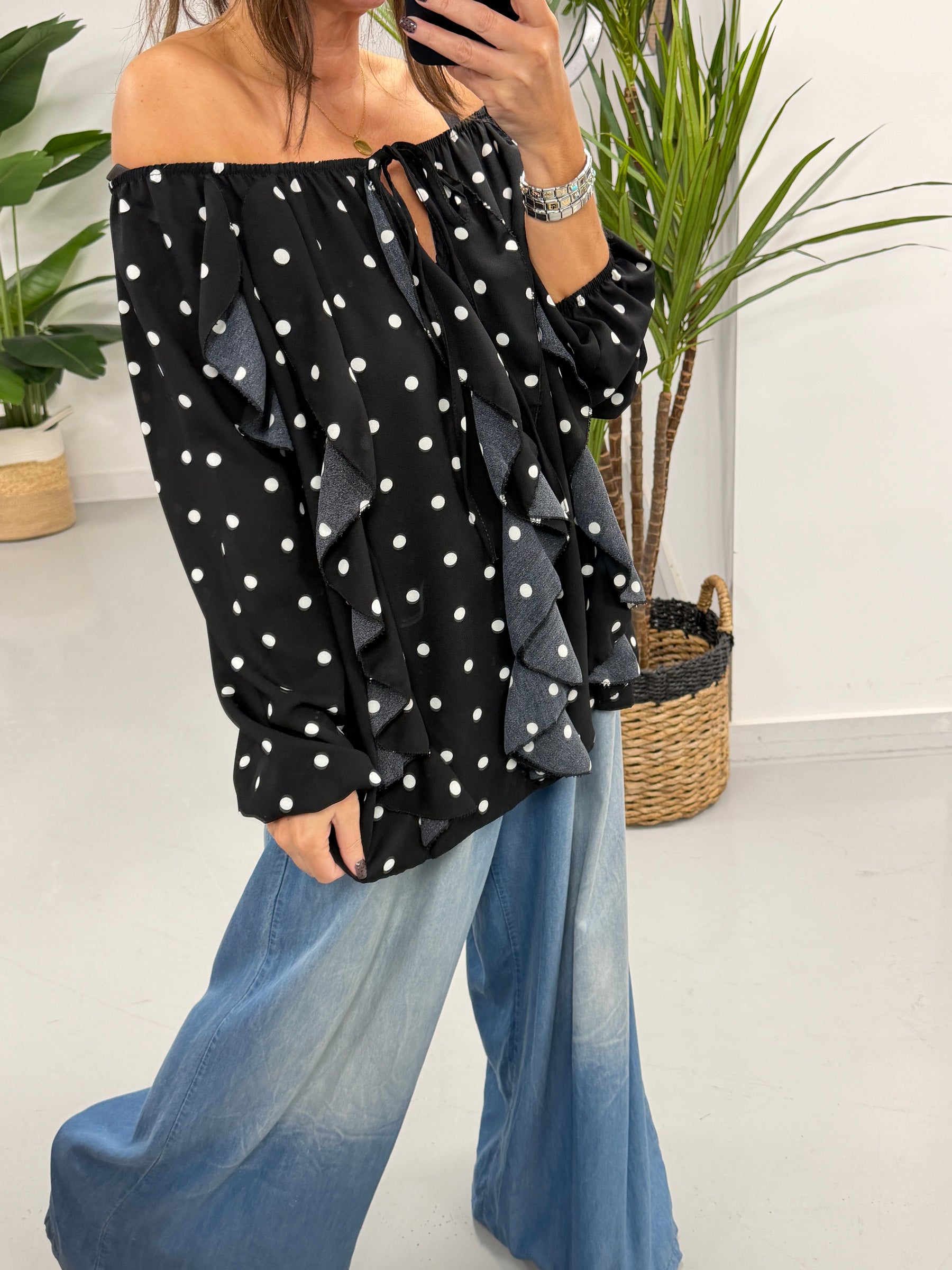 Dotty Waterfall Blouse - Black