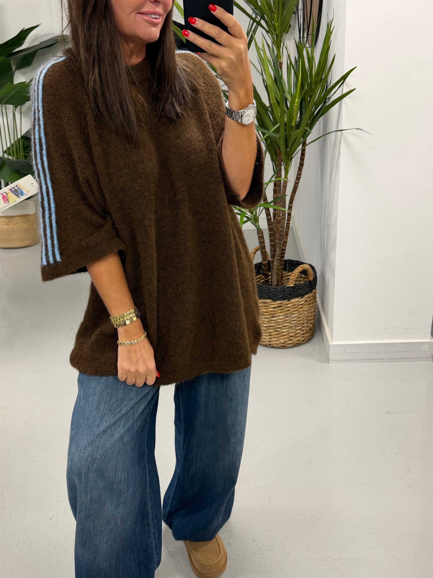 Stripe Long Line Knit  - Chocolate/Blue