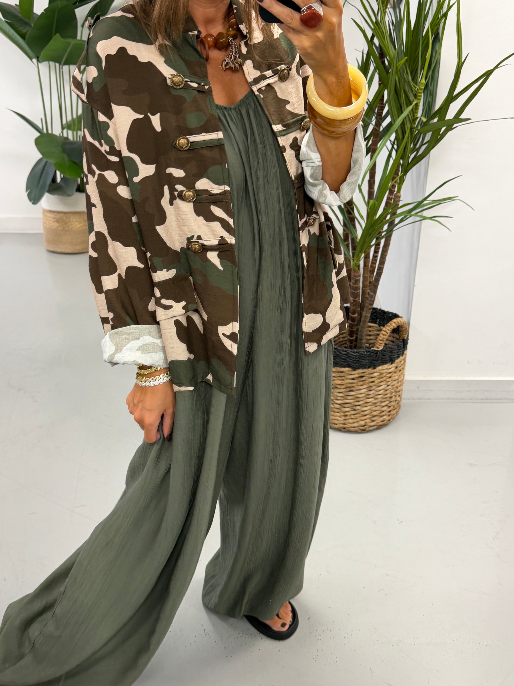 Bandana Scarf Crinkle Jumpsuit - Khaki