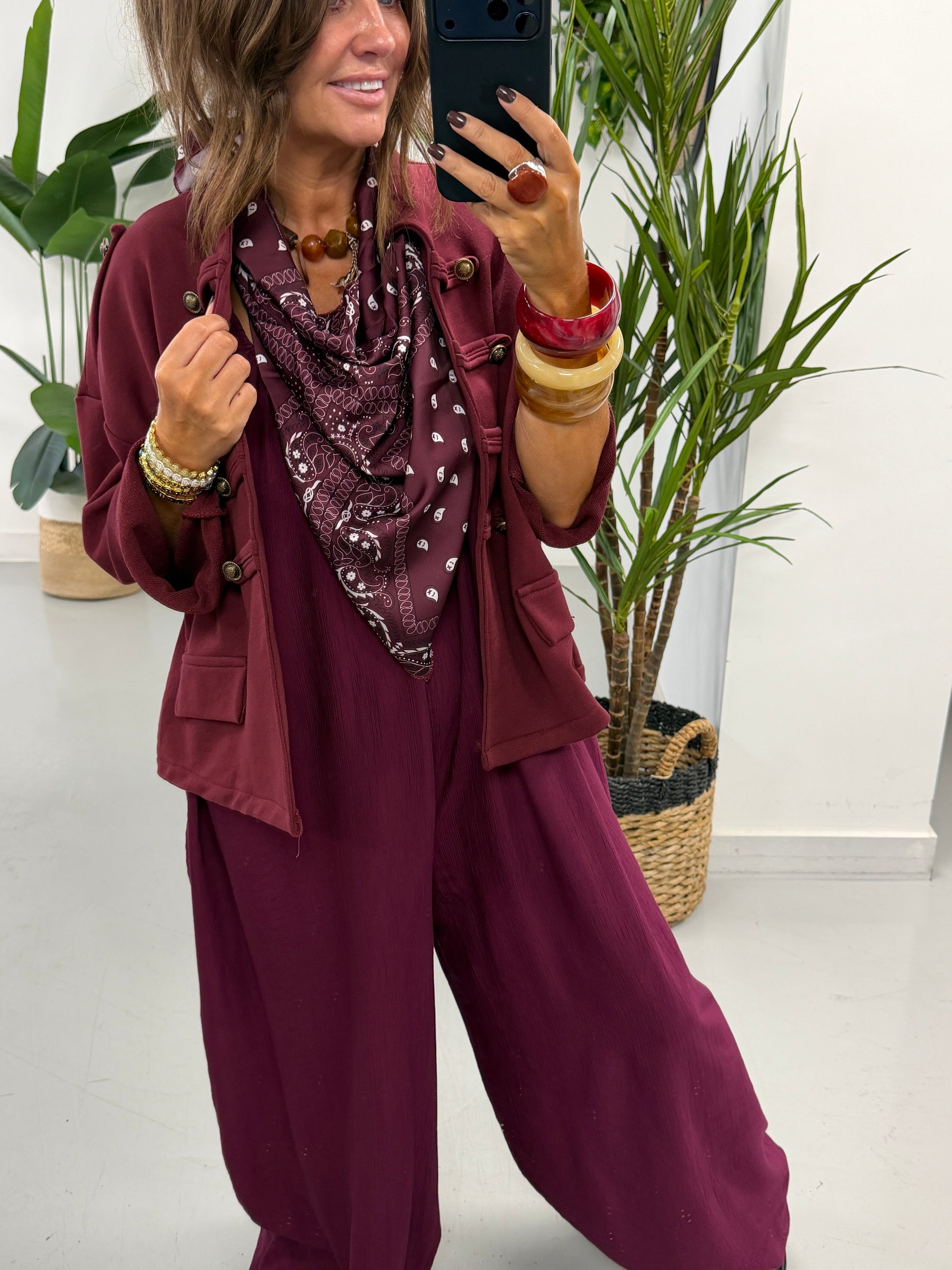 Bandana Scarf Crinkle Jumpsuit - Wine