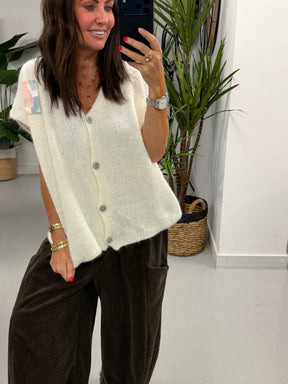 Button Up Slouchy Crop Sleeve Knit - Winter White  (Size 12-18)