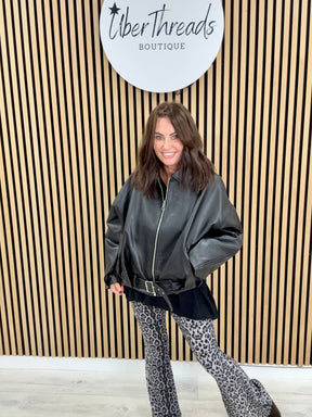 The Vegan Leather Belted Bomber - Black