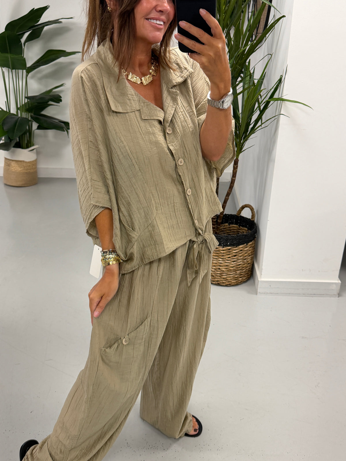 The Crinkle Button Tie Shirt - Sand
