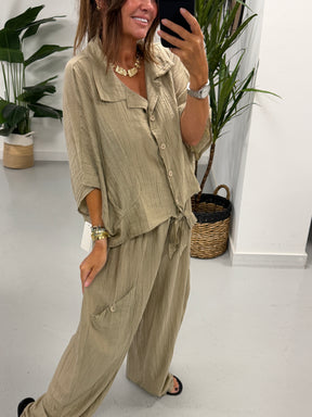 The Crinkle Button Tie Shirt - Sand