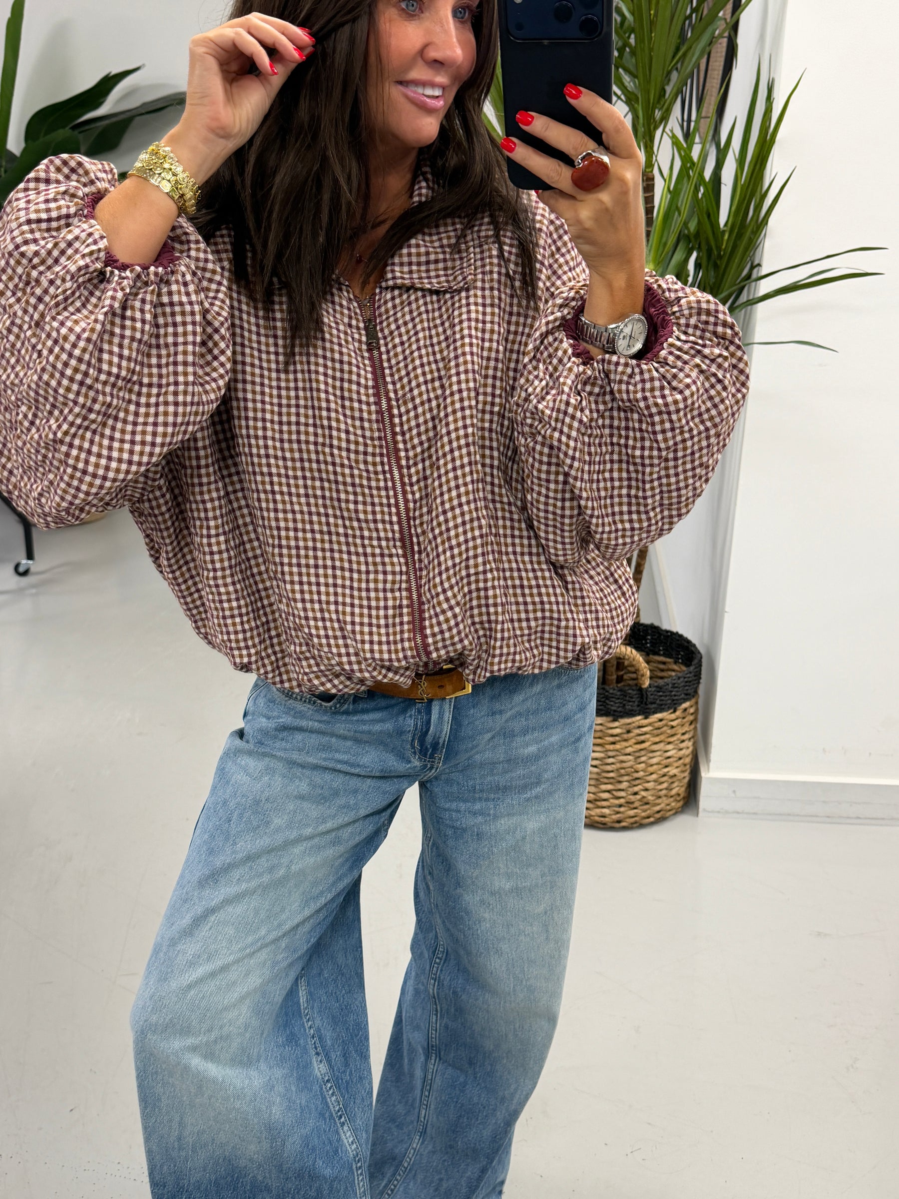 The Plaid Slouchy Bomber - Wine