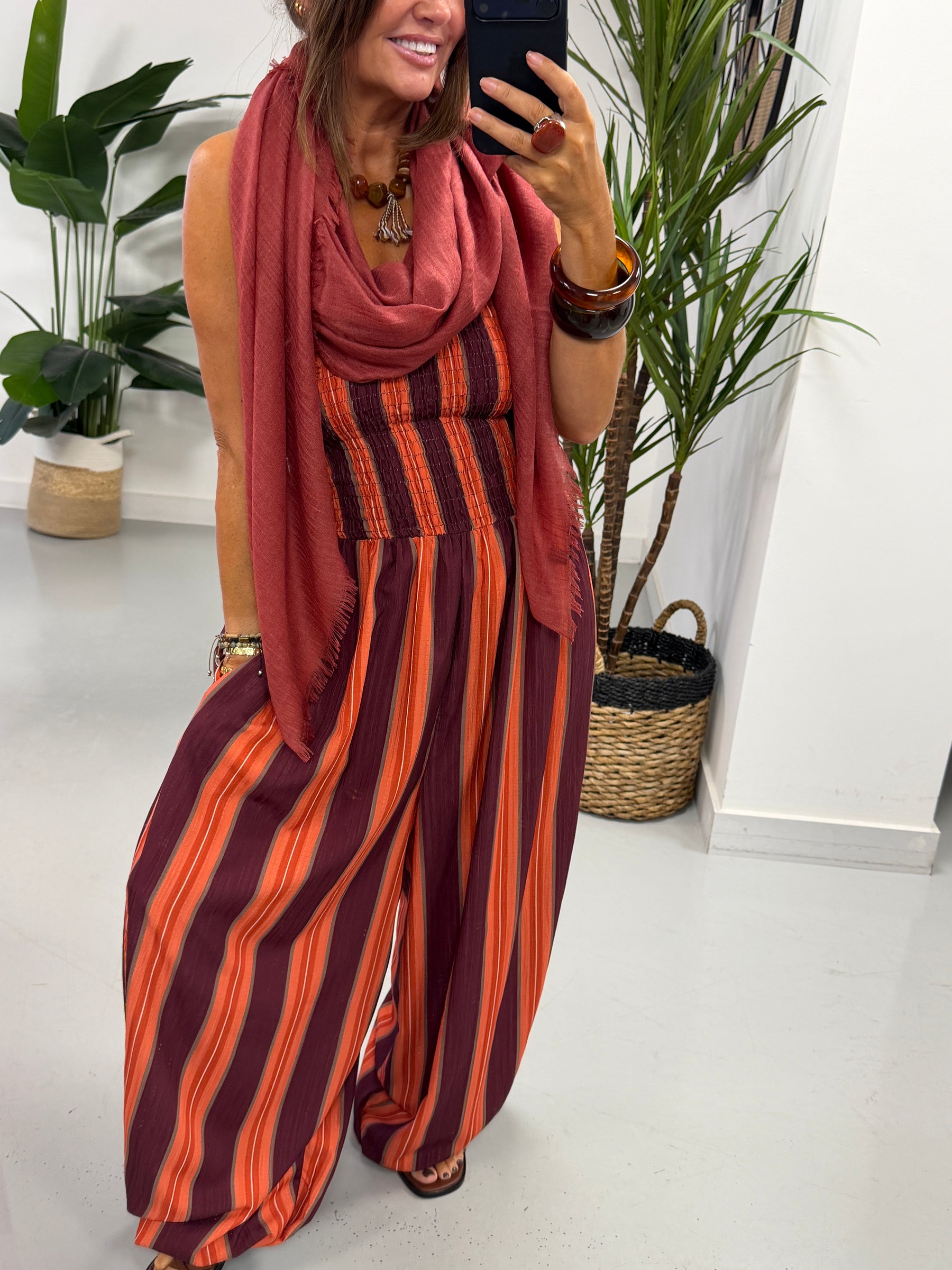 The Sienna Sunset Stripe Jumpsuit - Rust