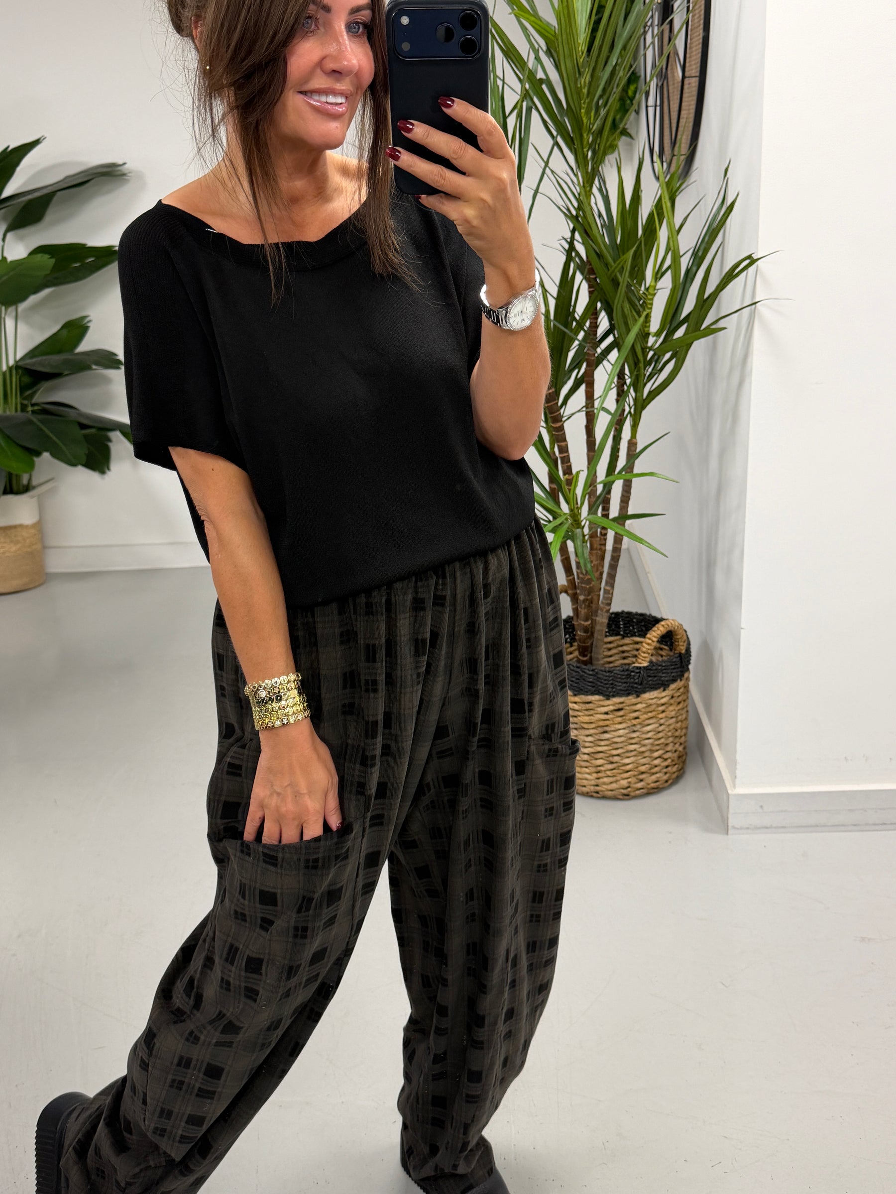 The Plaid Barrel Needlecord Joggers - Chocolate/Black  (Size 12-18)