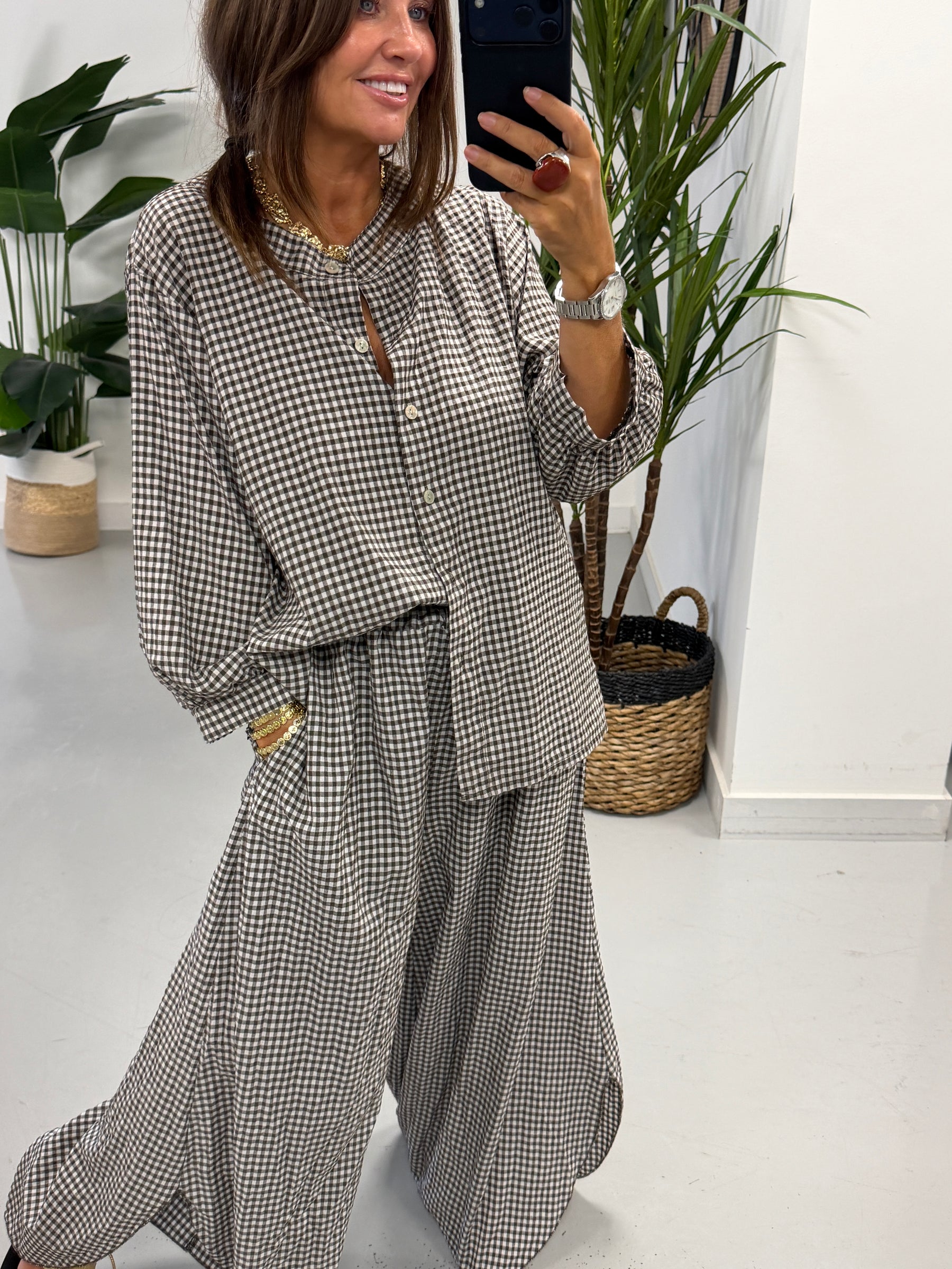 The Gingham Split Wide Leg Trousers - Chocolate