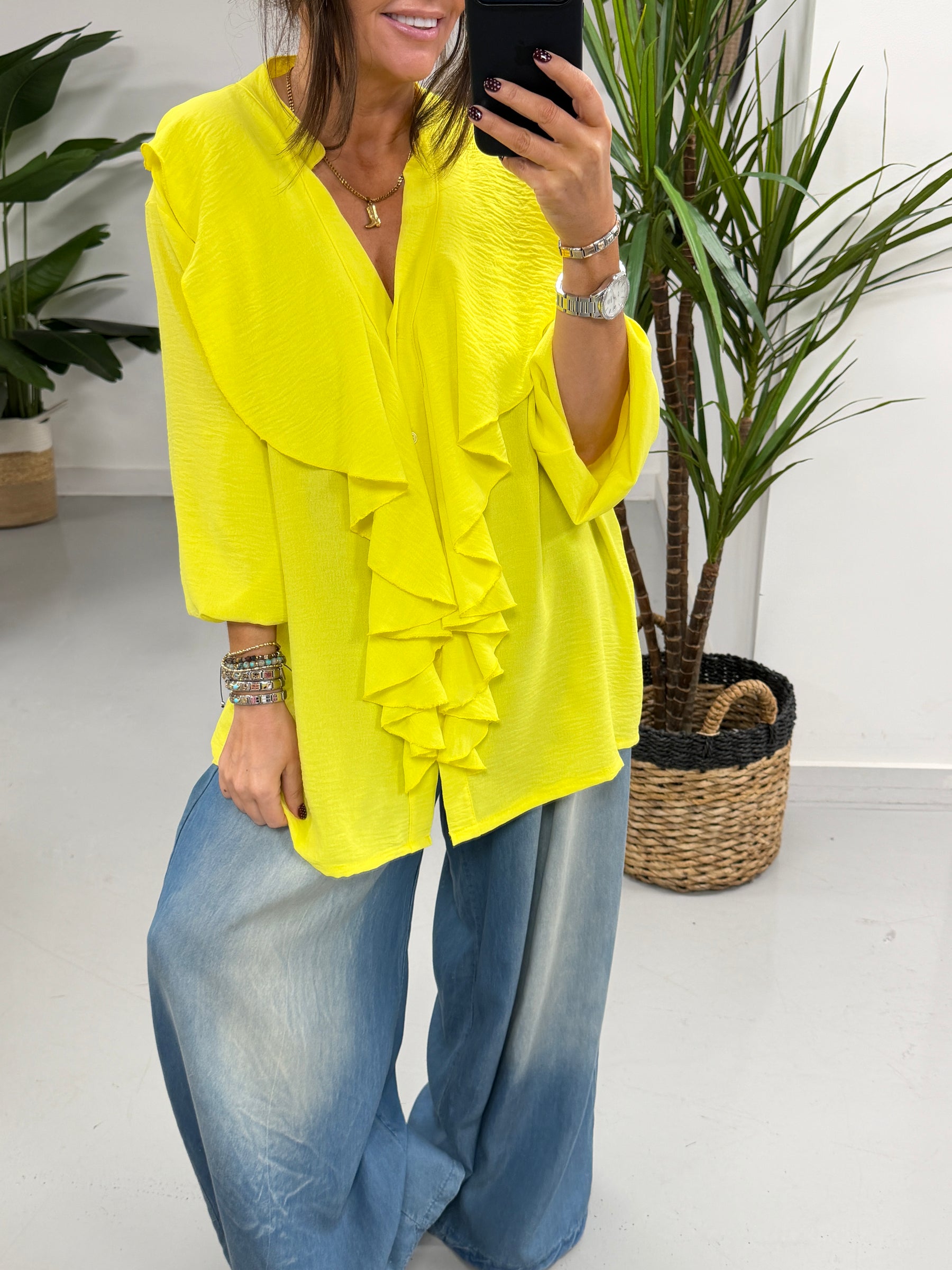 Luna Button Frill Blouse - Yellow