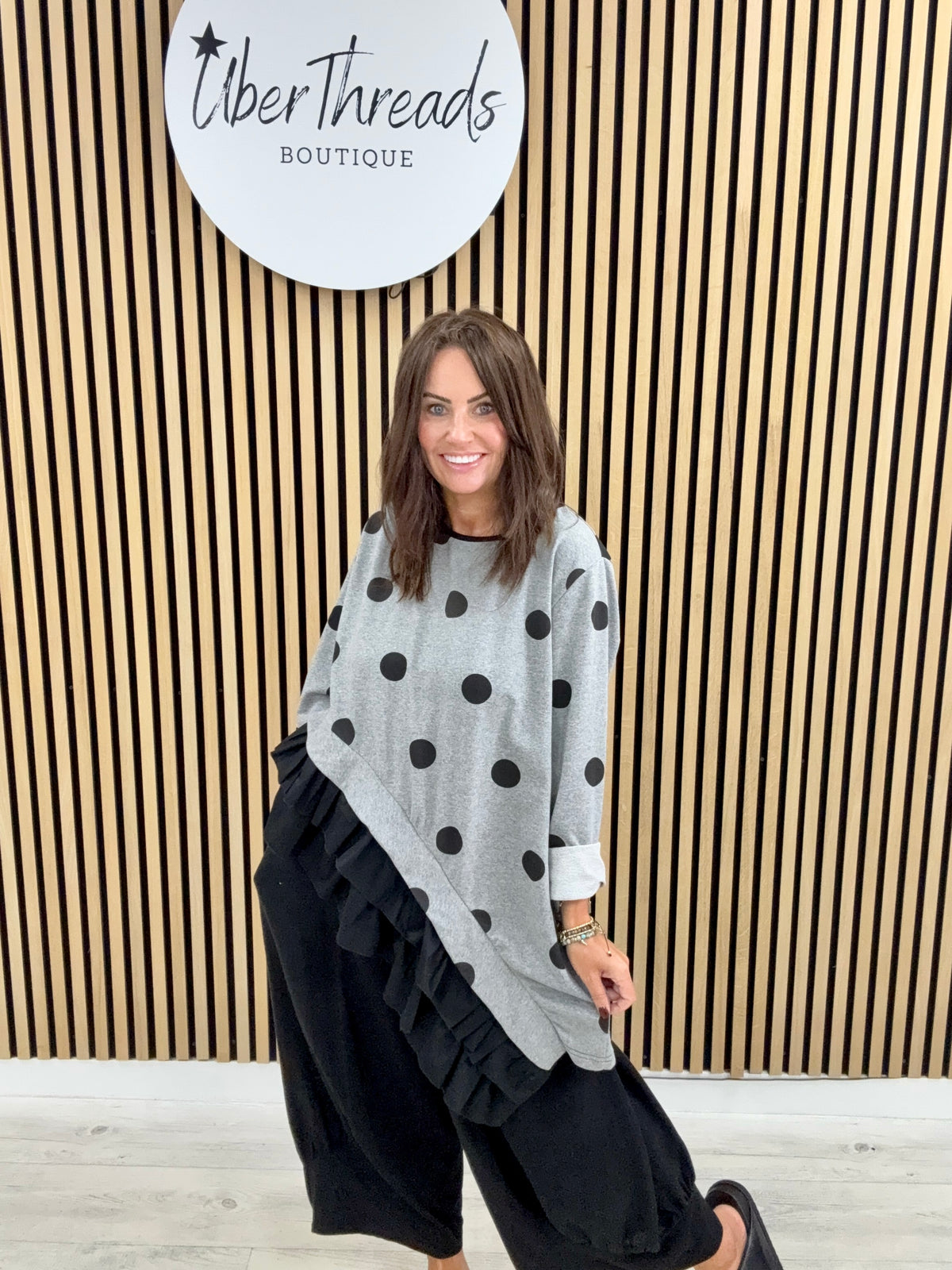 I.D Clothing Polka Dot Frill Tunic - Grey