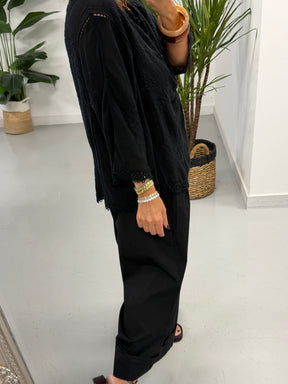 Seville Lace Button Up Top  - Black