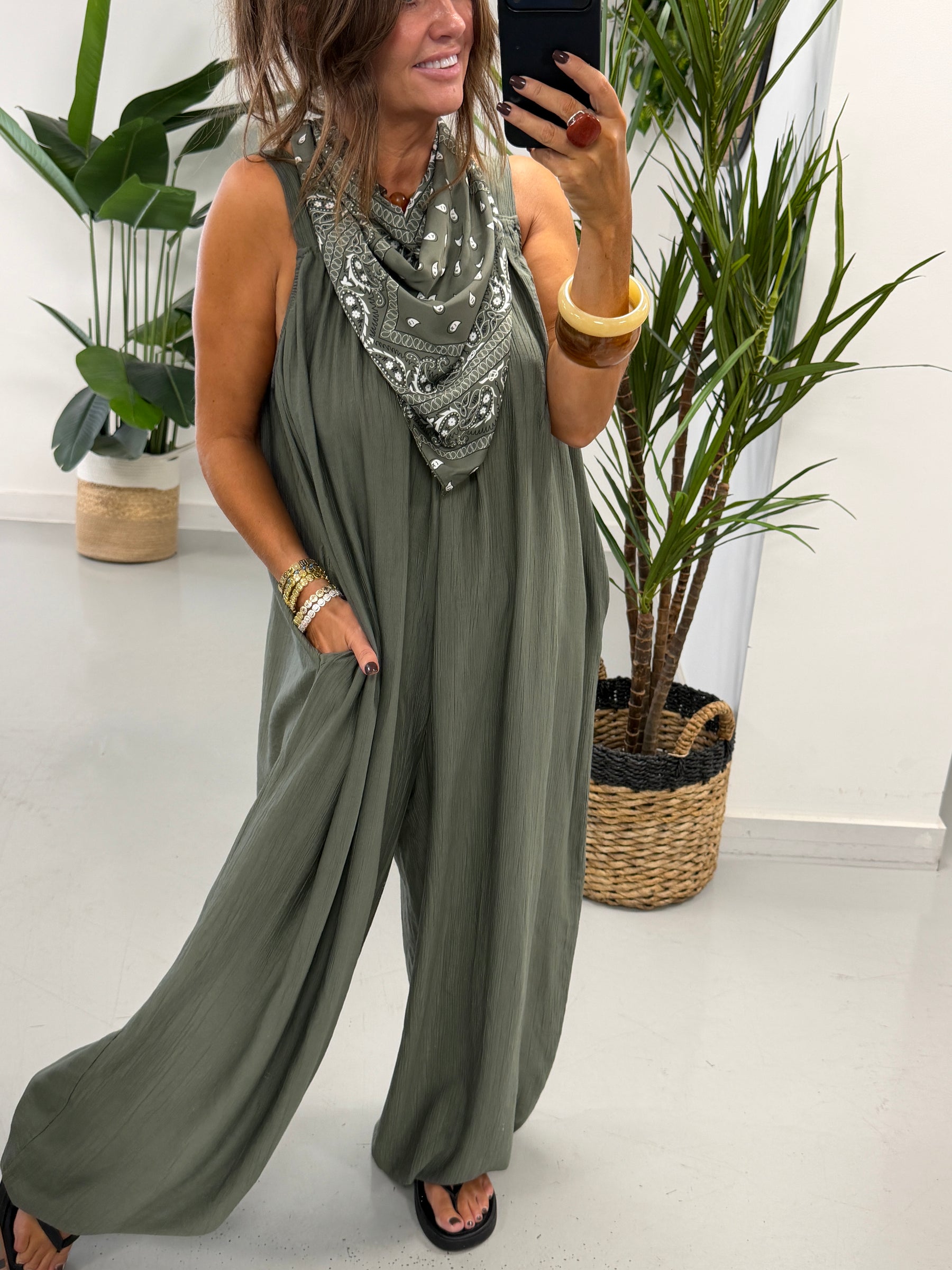 Bandana Scarf Crinkle Jumpsuit - Khaki