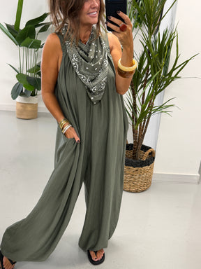 Bandana Scarf Crinkle Jumpsuit - Khaki