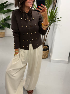 Military Knitted Cardigan - Chocolate