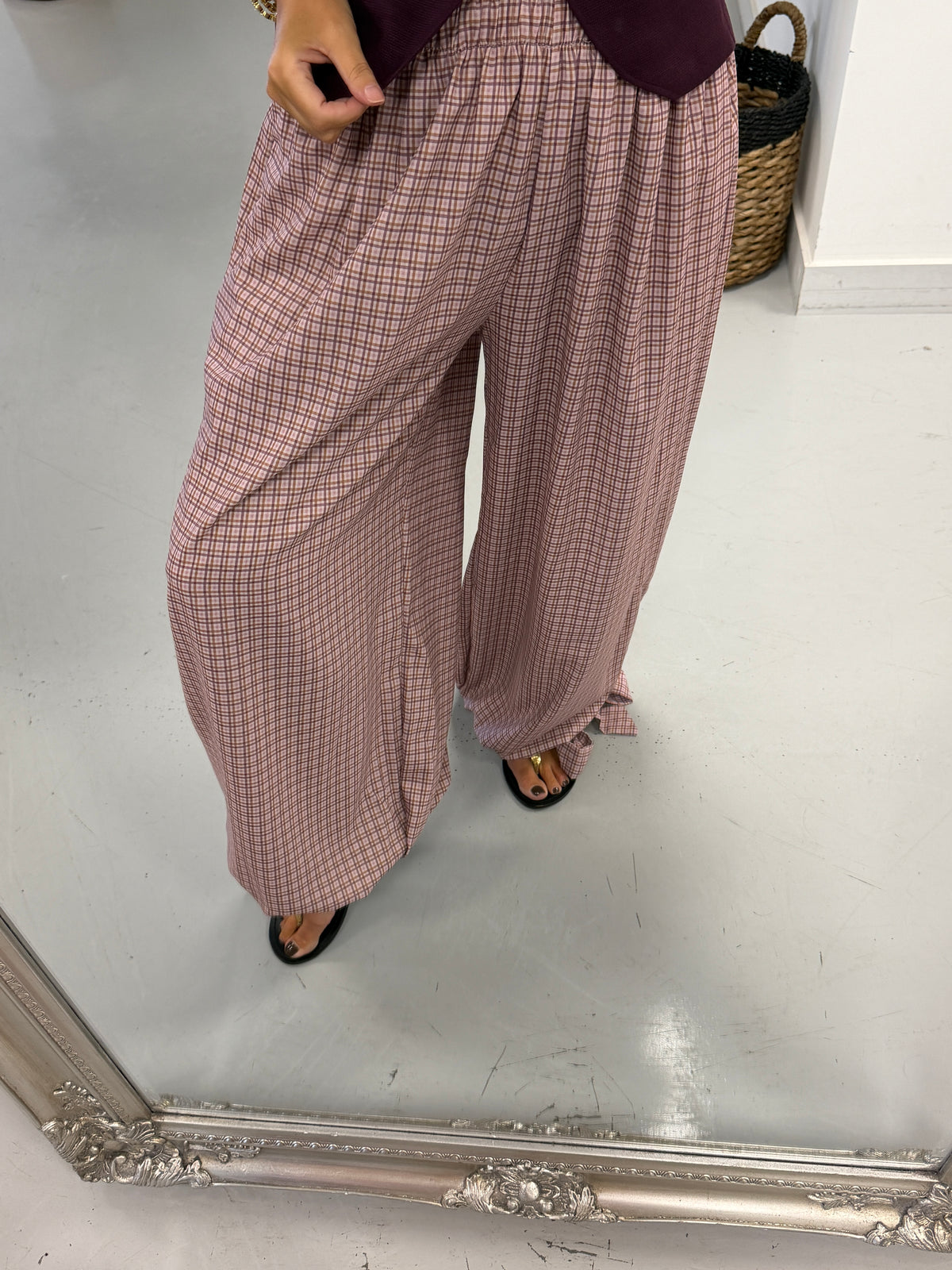 Checked Tie Cuff Trousers -Antique Rose