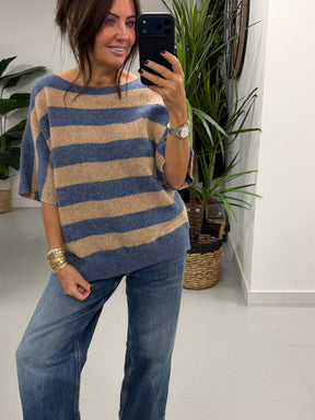The Boat Neck Stripy Knit - Oatmeal/Denim Blue (Size 8-16)