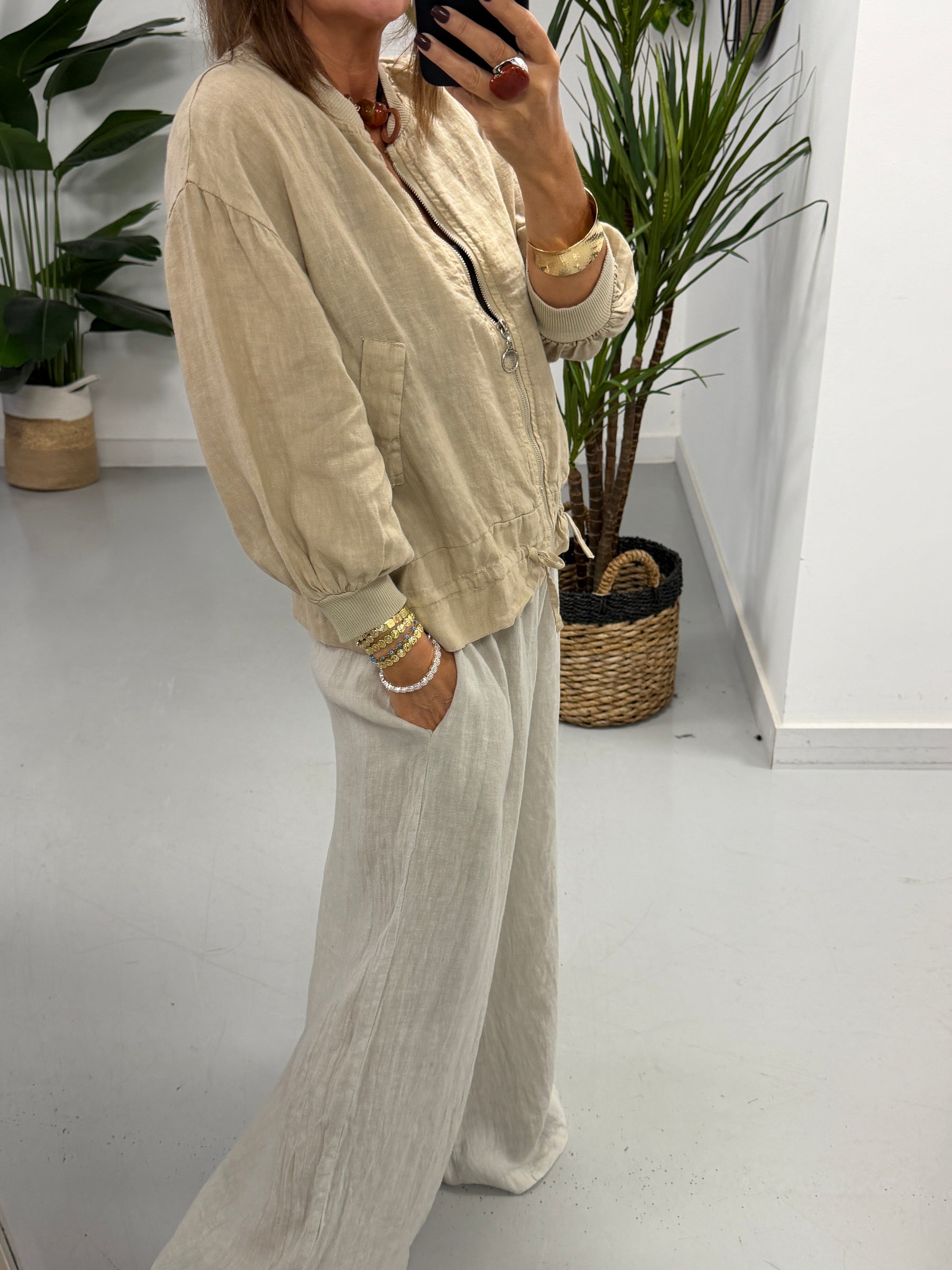 Linen Bomber Jacket - Soft Camel