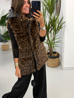 Fly Faux Fur Hooded Giilet  - Animal Print