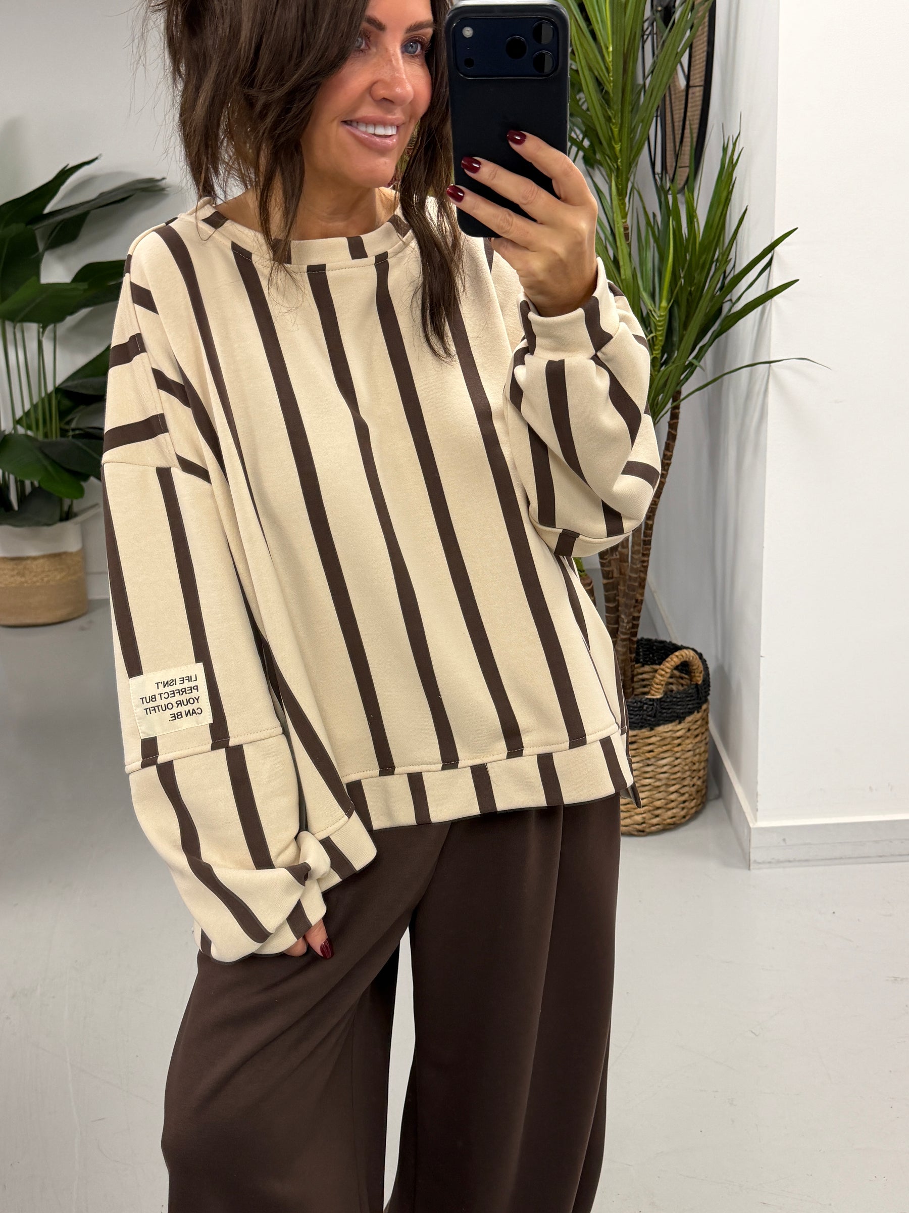 Sunset Stripe  “Life Isn’t Perfect” Sweater - Cream/Chocolate (Size 12-18)