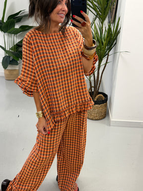 The Autumn Check Ruffle Tunic - Orange