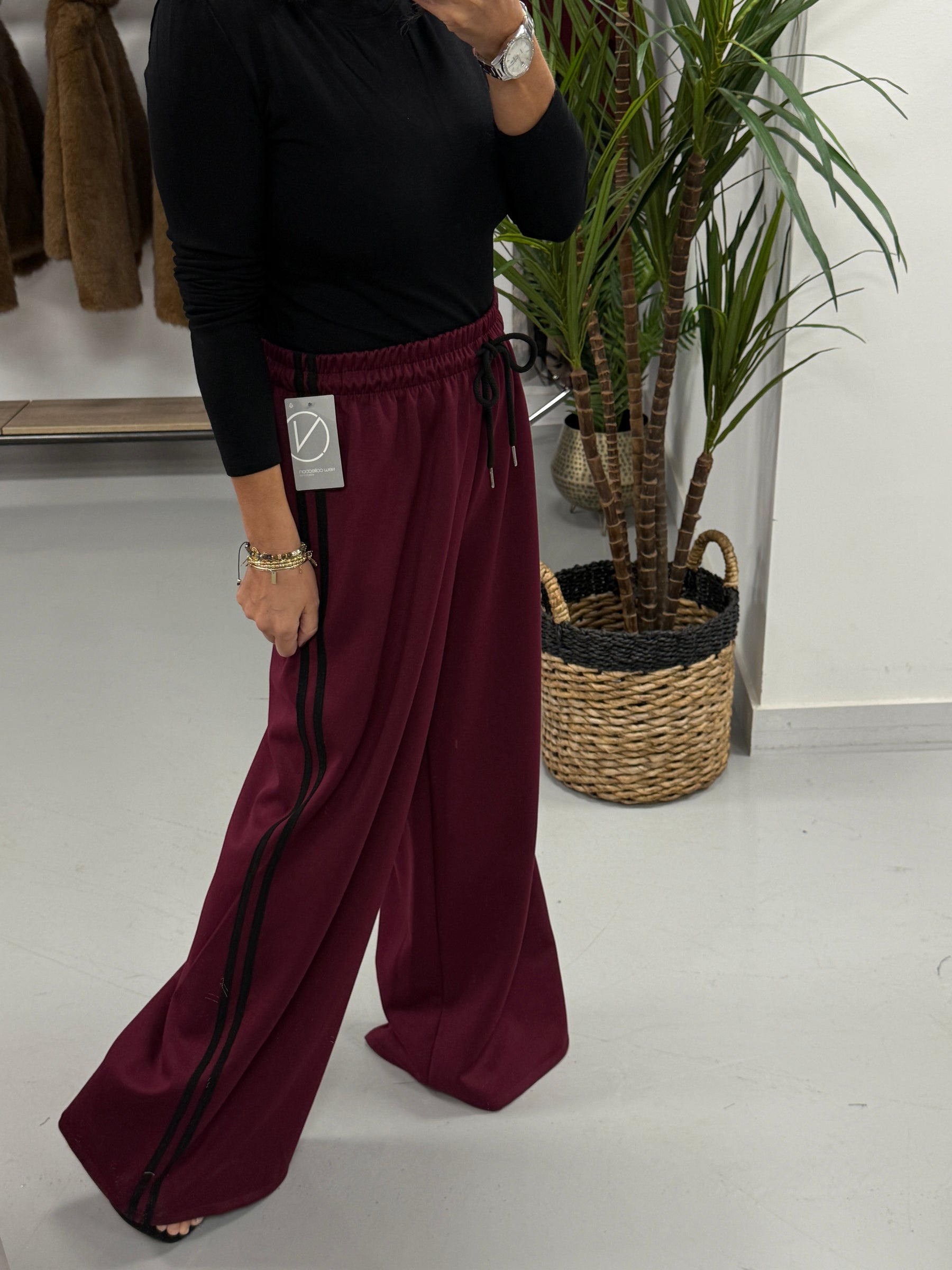 Wide Leg Stripe Jogger - Cherry