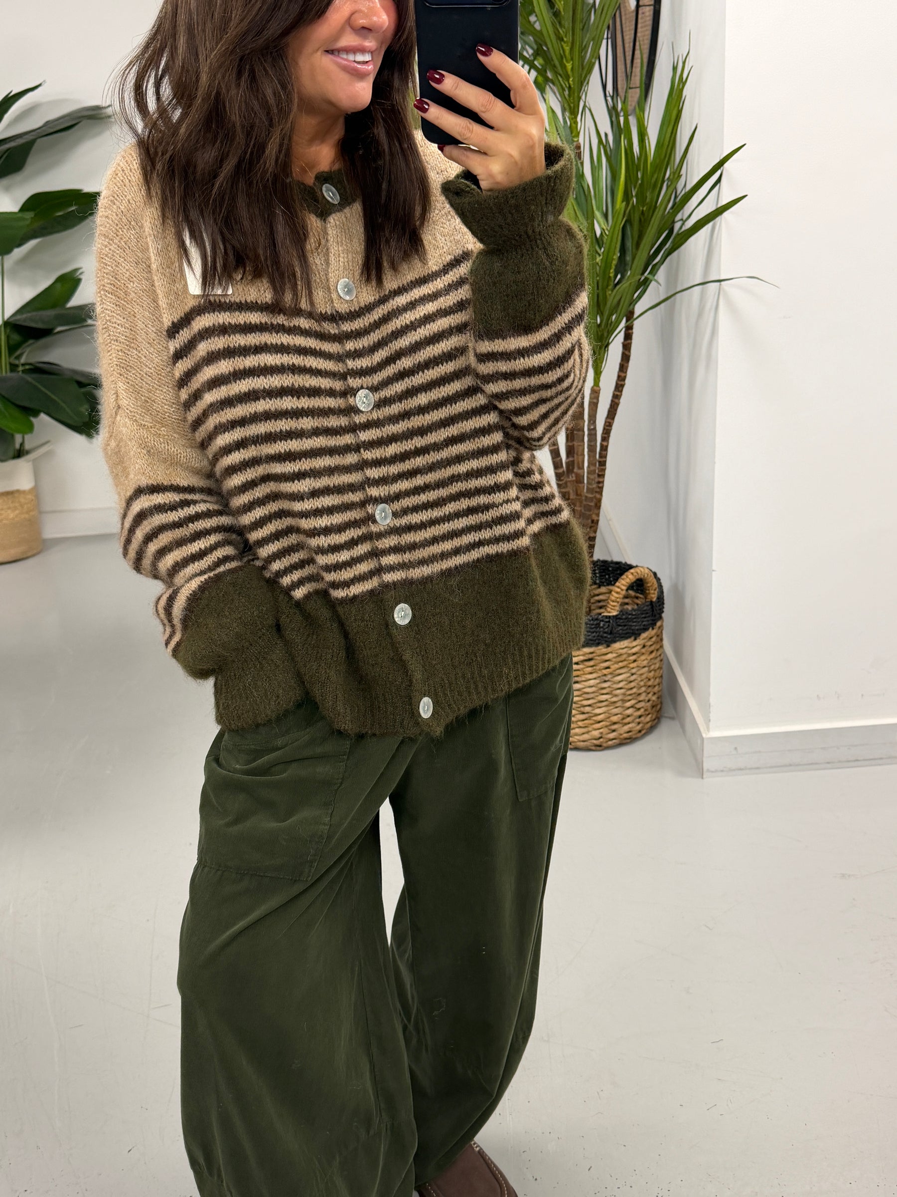 Rustic Stripe Knit Cardigan - Green/Mocha/Chocolate (Size 10-18)