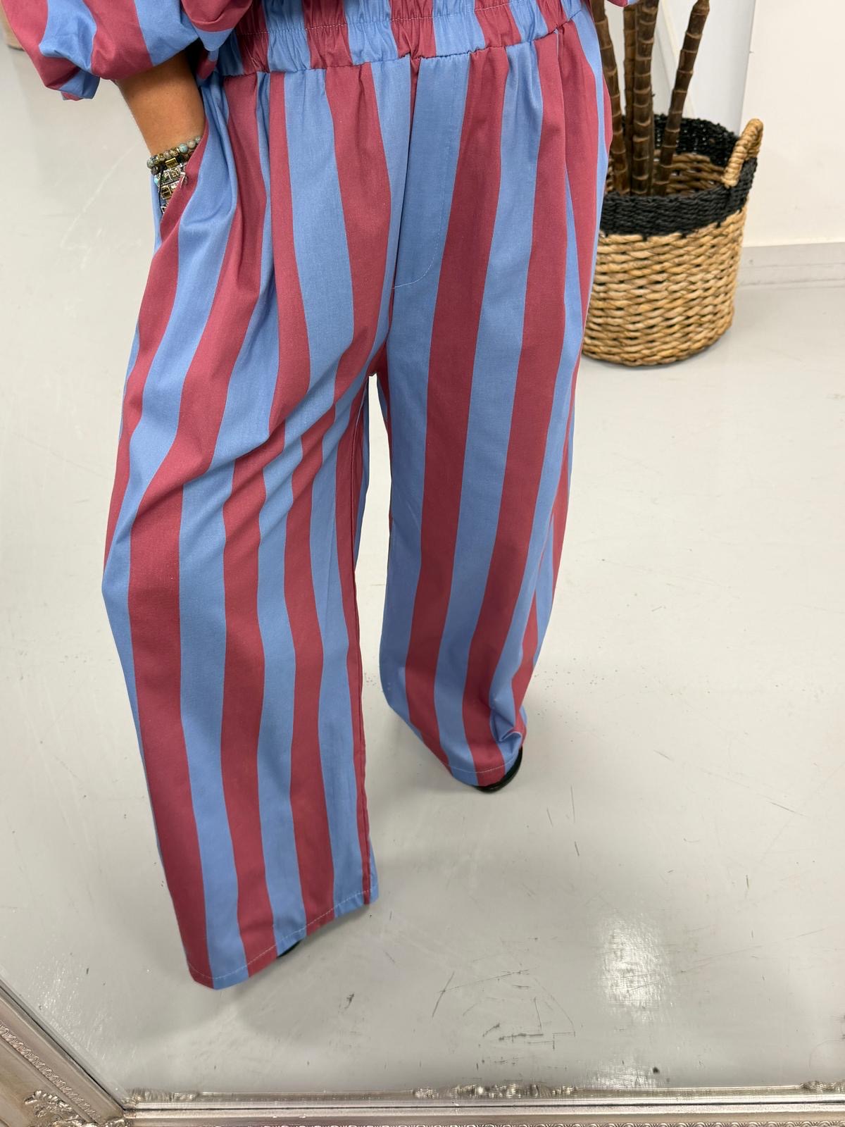 Sugar Rush Barrel Stripe Trousers - Denim/Raspberry