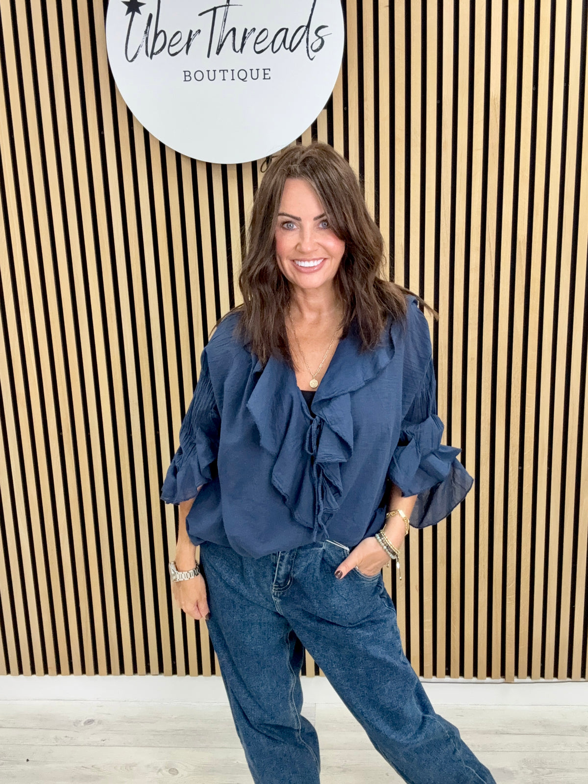 Amalfi Ruffle Blouse - NAVY