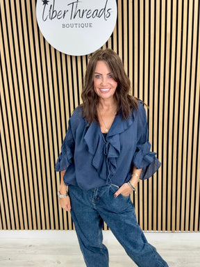 Amalfi Ruffle Blouse - NAVY