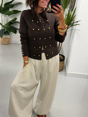 Military Knitted Cardigan - Chocolate