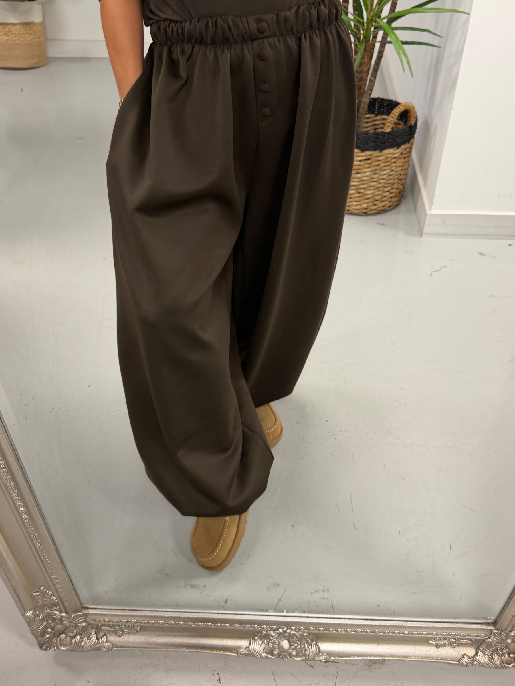 Button Front Balloon Cuff Joggers - Chocolate (Size 12-20)