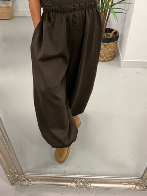 Button Front Balloon Cuff Joggers - Chocolate (Size 12-20)