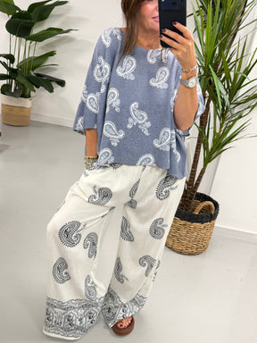 The Paisley Wide Leg Trouser - White/Navy