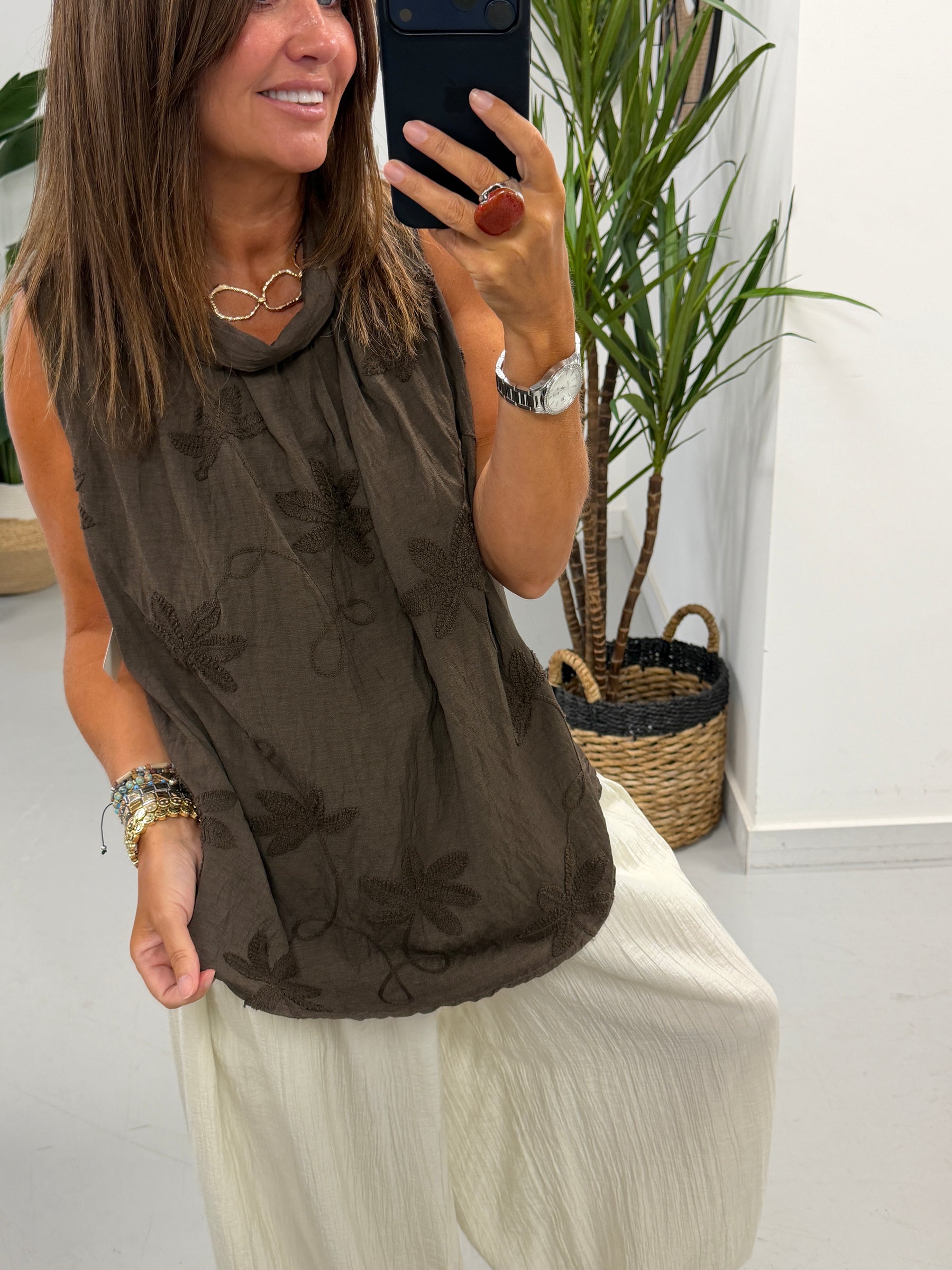 Reverse Collar Embroidered Tunic - Chocolate