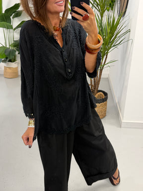 Seville Lace Button Up Top  - Black