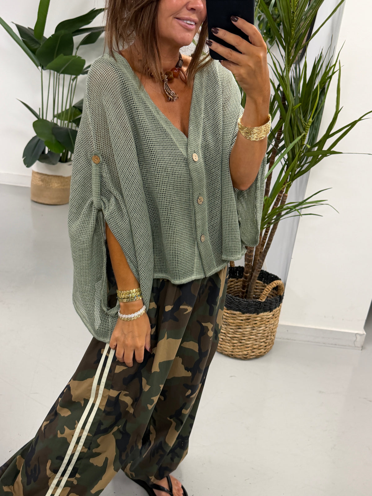 Mesh Button Cardigan - Khaki