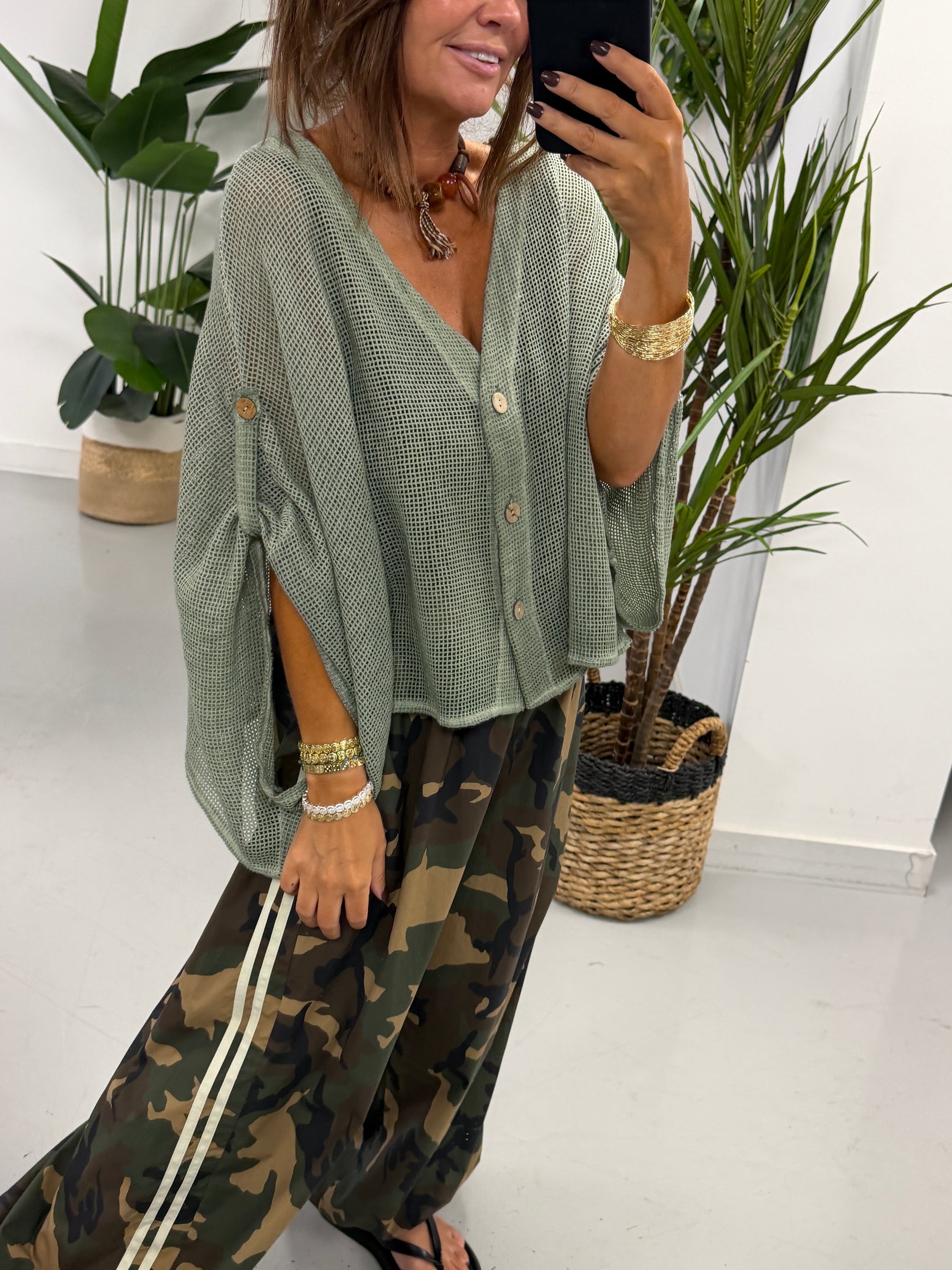 Mesh Button Cardigan - Khaki
