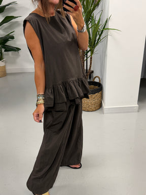 The LuLu Asymmetric Frill Tunic - Chocolate