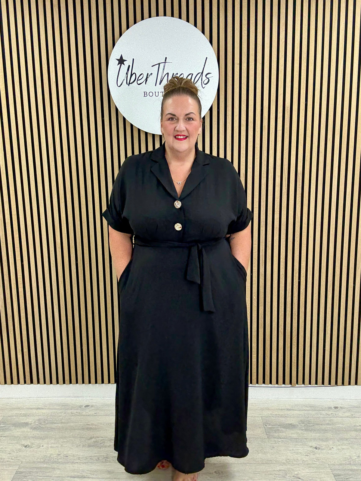 Chunky Button Belted Shirt Dress  - Black