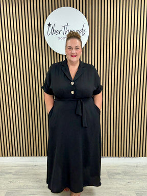Chunky Button Belted Shirt Dress  - Black