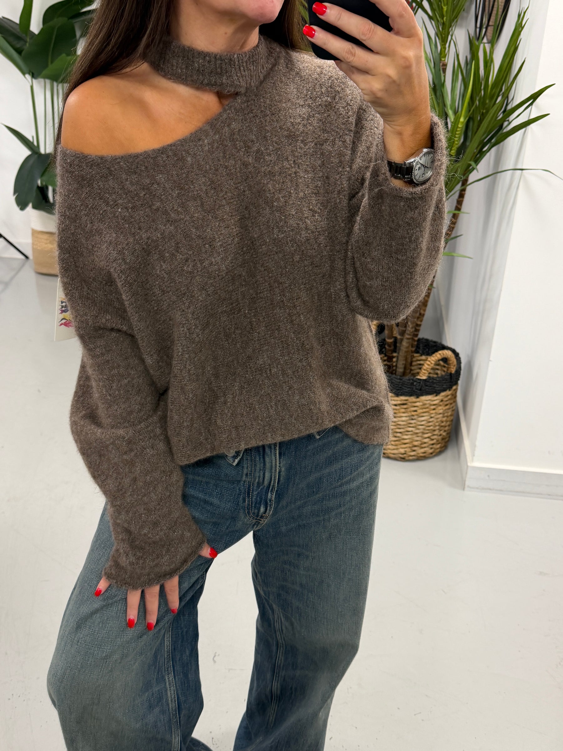 Slash Neck Knit  - Mocha (Pre Order)