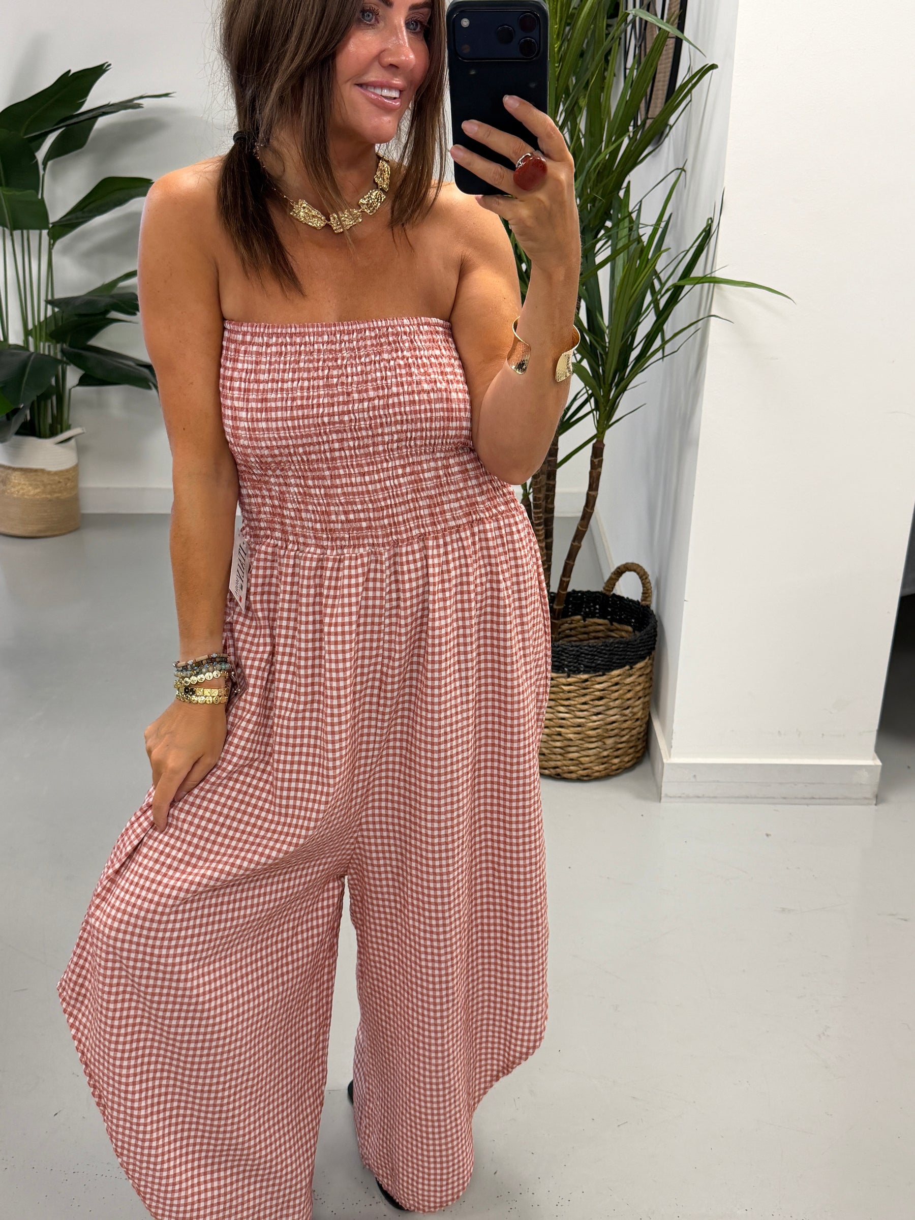 Gingham Genie Bandeau Jumpsuit  -Raspberry