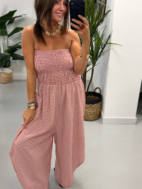 Gingham Genie Bandeau Jumpsuit  -Raspberry