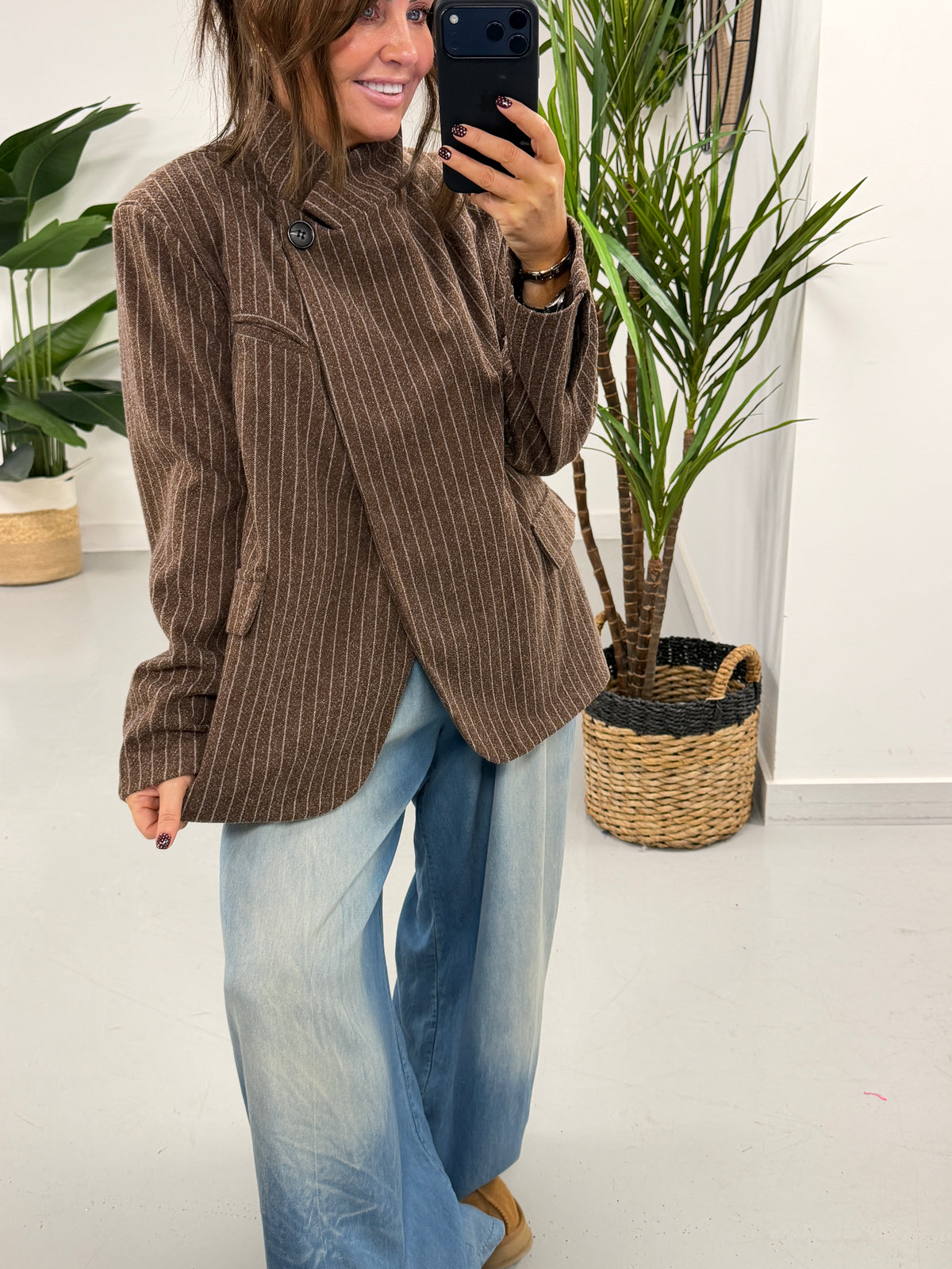 Madison Funnel Neck Blazer - Chocolate Pinstripe