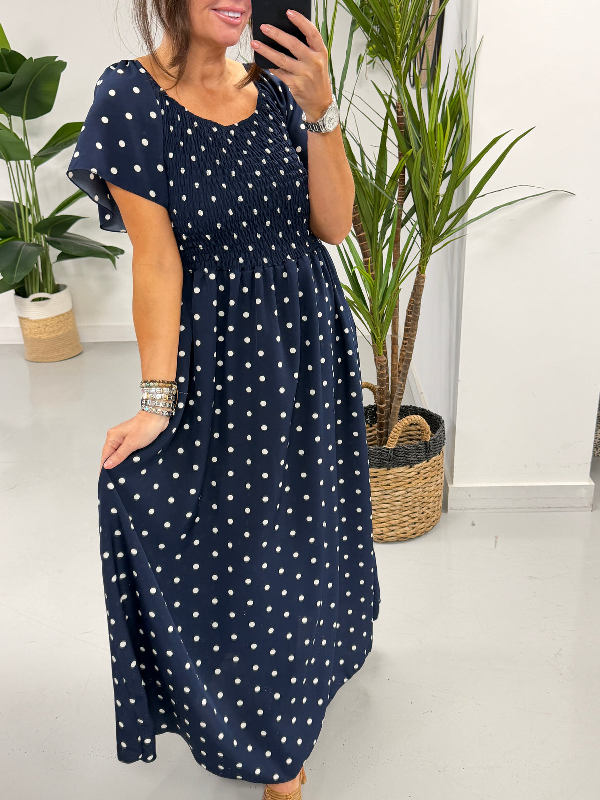 The Bardot Shirred Maxi - Navy Spot